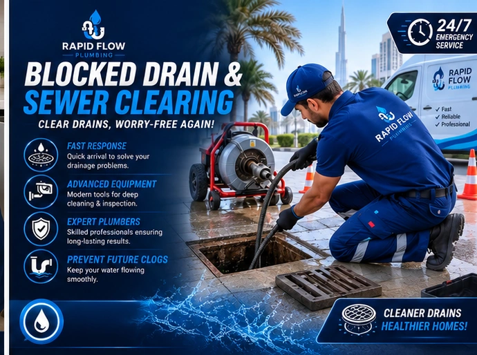 Rapid Flow Plumbing technician clearing a blocked drain and sewer line in Dubai