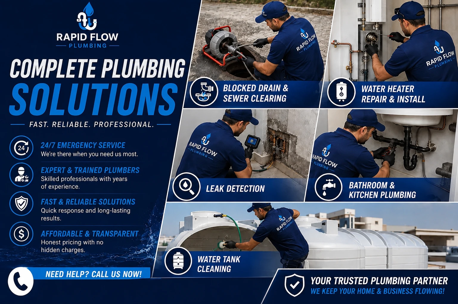Rapid Flow Plumbing complete plumbing solutions — blocked drain clearing, water heater repair, leak detection, bathroom and kitchen plumbing, and water tank cleaning in Dubai